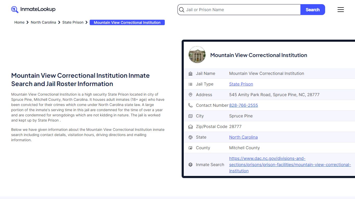 Mountain View Correctional Institution Inmate Search, Jail Roster ...